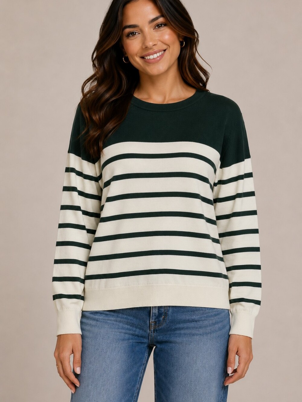 Striped Crew Neck Sweater - Green and White - NWOT